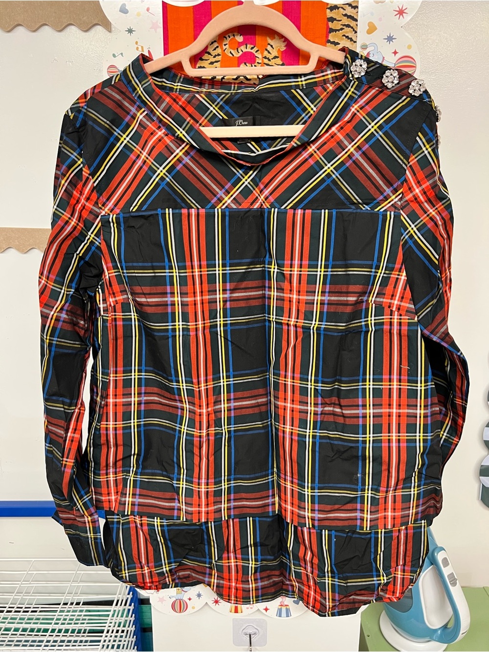 J crew plaid tunic with jeweled buttons at shoulder